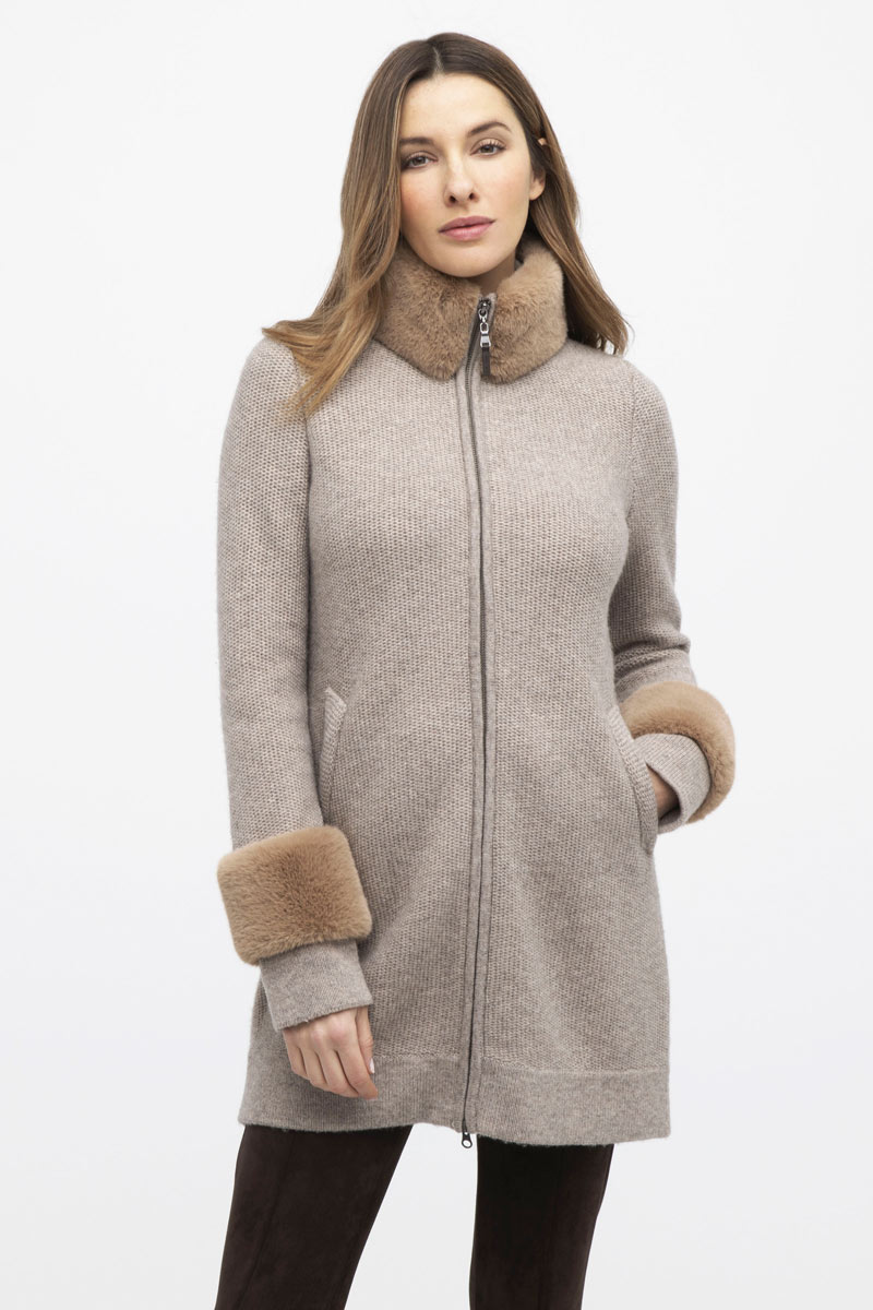 Faux Fur Trim Textured Cardigan - Kinross Cashmere