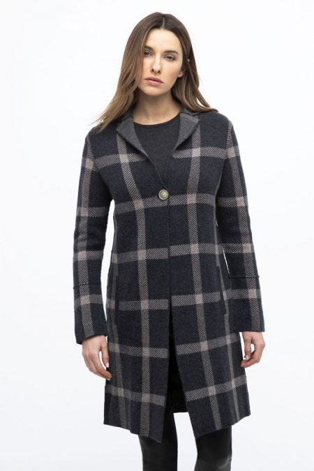 Dbl Knit Plaid Notch Collar Cardigan - Kinross Cashmere