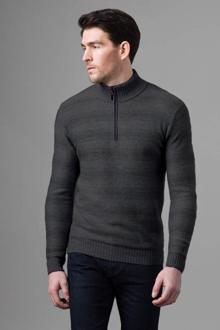 Horizontal Herringbone Qtr Zip Mock - Kinross Cashmere