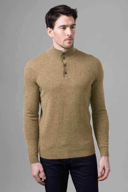 Suede Trim Button Mock - Kinross Cashmere