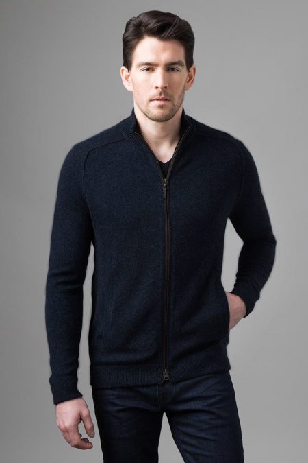 Suede Trim Zip Mock Cardigan - Kinross Cashmere