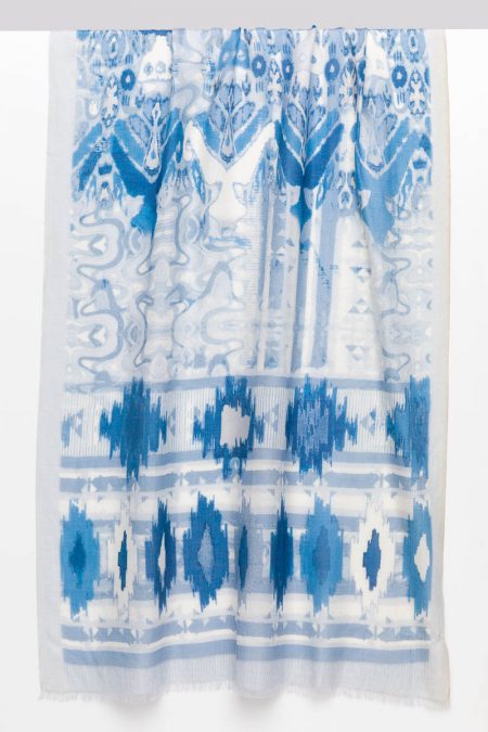 Filigree Ikat Print Scarf - Marine Multi - Kinross Cashmere