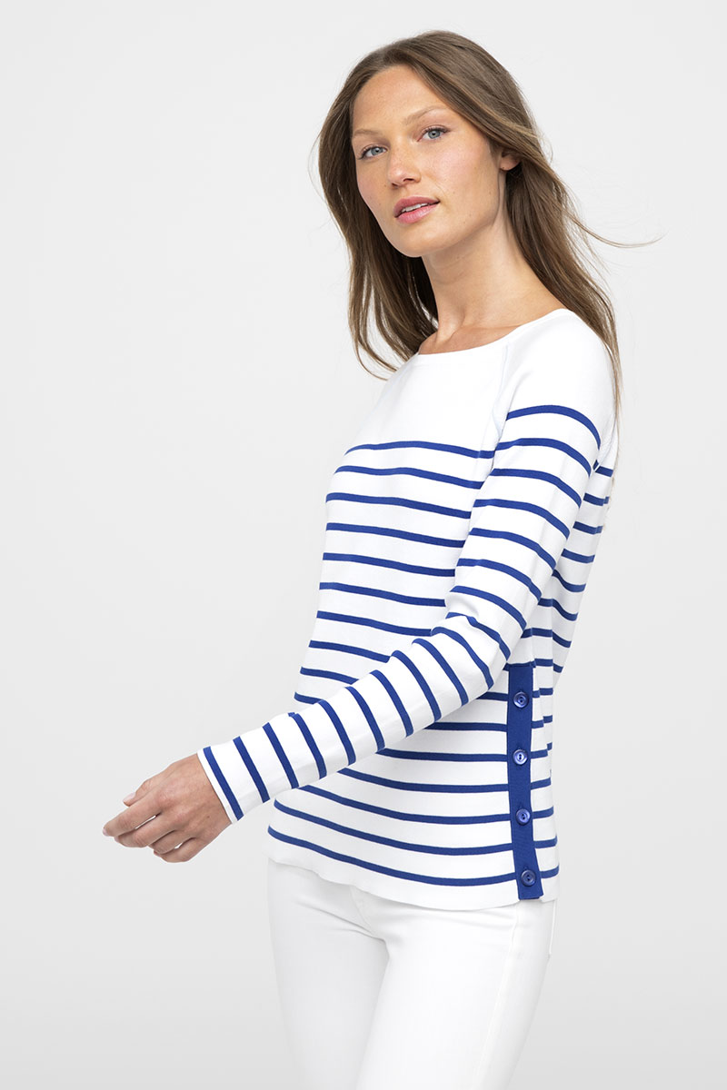 Side Button Stripe Pullover - Kinross Cashmere