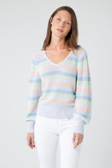 Gathered Sleeve Stripe Vee - Kinross Cashmere