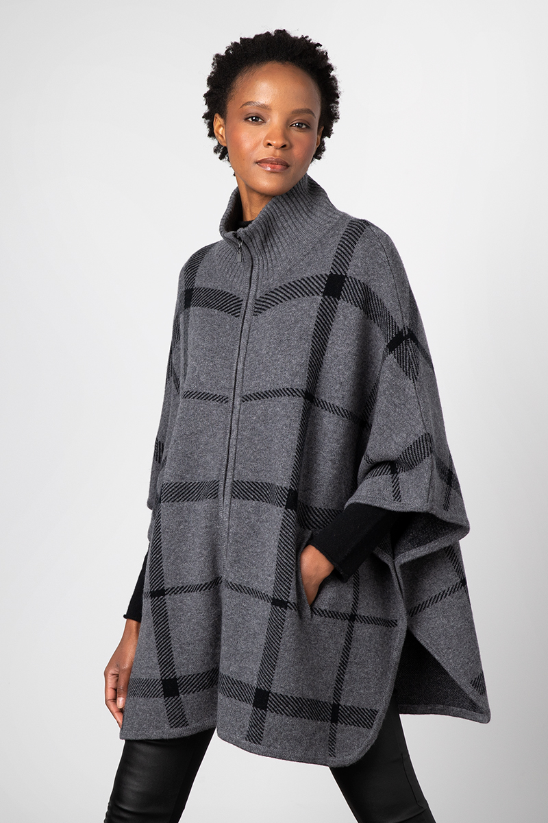 Plaid Zip Mock Poncho - Kinross Cashmere