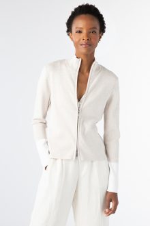 Contrast Trim Zip Mock Cardigan - Kinross Cashmere