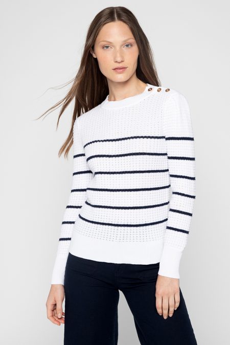 Button Shoulder Stripe Crew - Kinross Cashmere