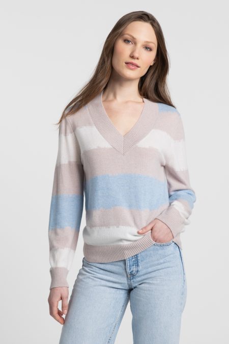 Intarsia Stripe Vee Pullover - Kinross Cashmere