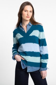 Intarsia Stripe Vee Pullover - Kinross Cashmere