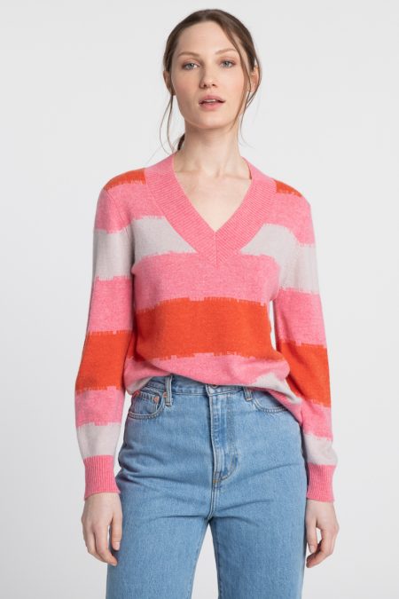 Intarsia Stripe Vee Pullover - Kinross Cashmere