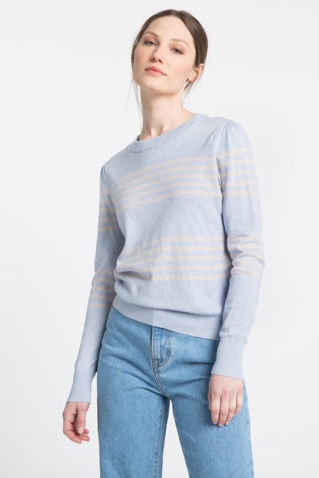 Gathered Sleeve Stripe Crew - Kinross Cashmere