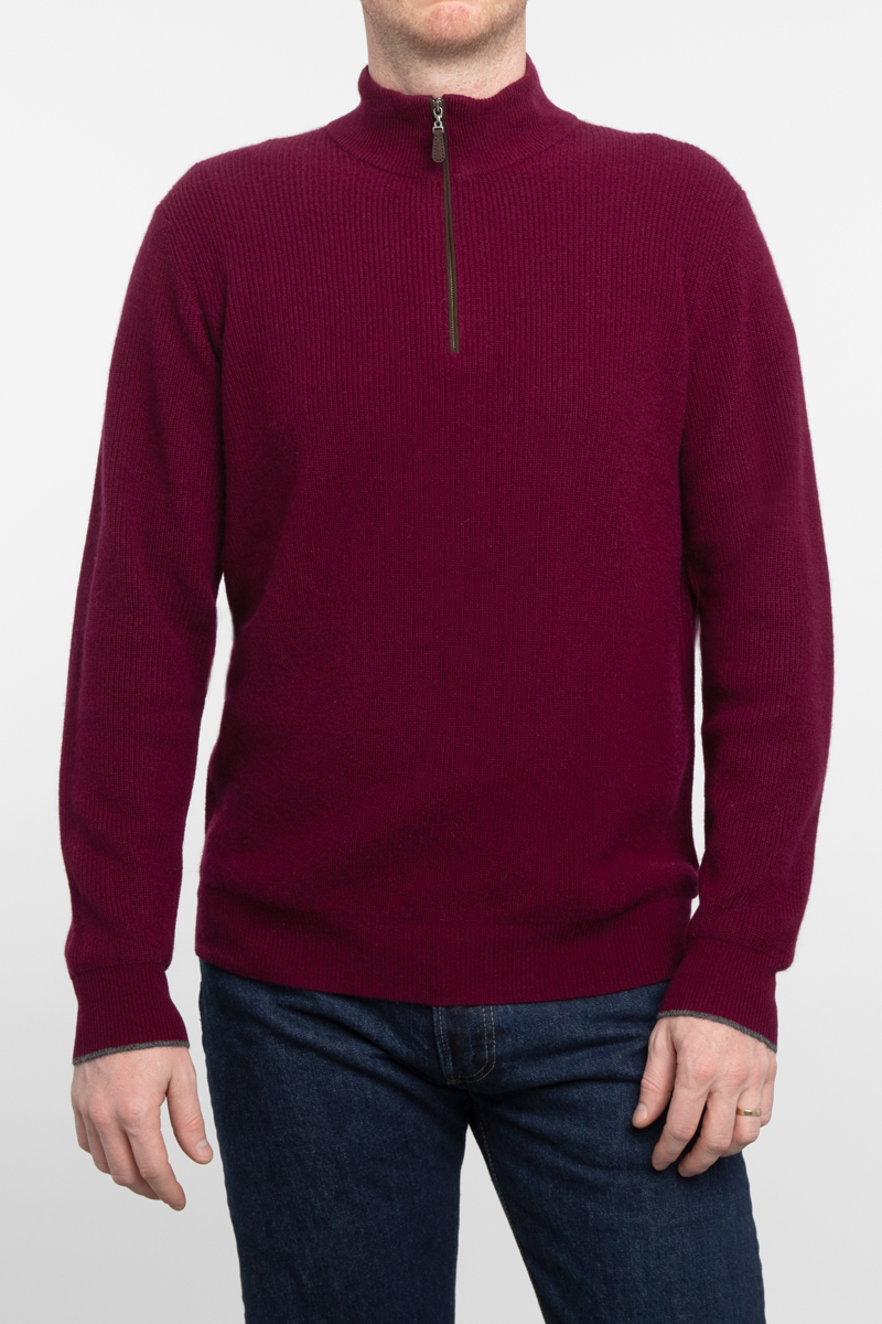 Rib Suede Trim Qtr Zip Mock - Kinross Cashmere