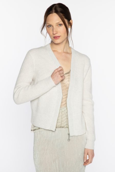 Crop Lurex Trim Zip Cardigan - Kinross Cashmere