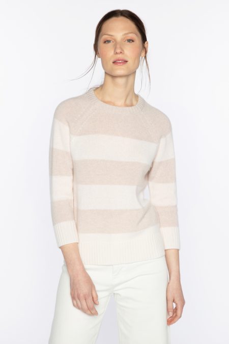 3 Qtr Slv Wide Stripe Crew - Kinross Cashmere