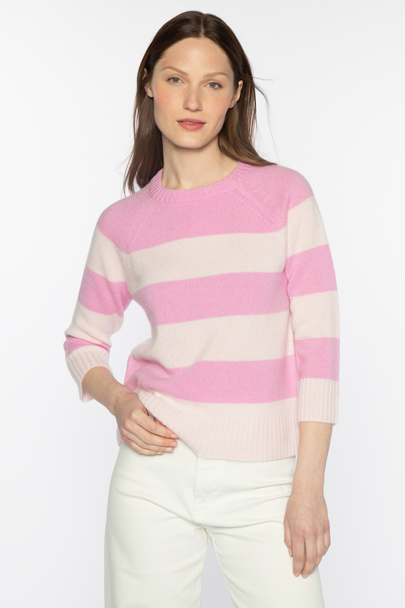 3 Qtr Slv Wide Stripe Crew - Kinross Cashmere