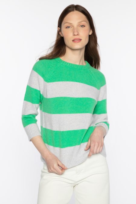 3 Qtr Slv Wide Stripe Crew - Kinross Cashmere