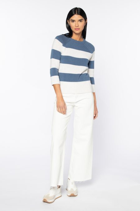 3 Qtr Slv Wide Stripe Crew - Kinross Cashmere