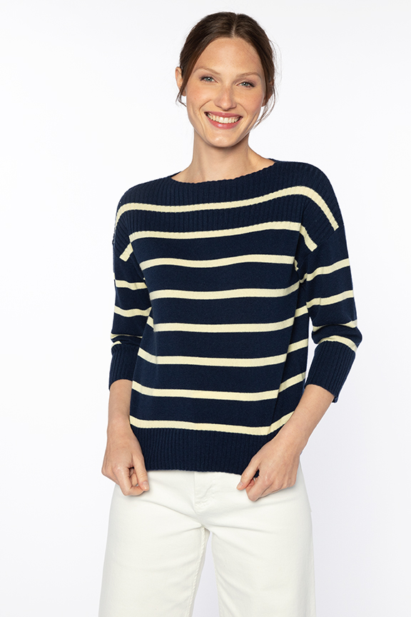 Rib Yoke Stripe Pullover - Kinross Cashmere