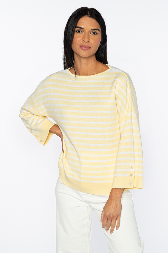 Stripe Button Slv Pullover - Kinross Cashmere