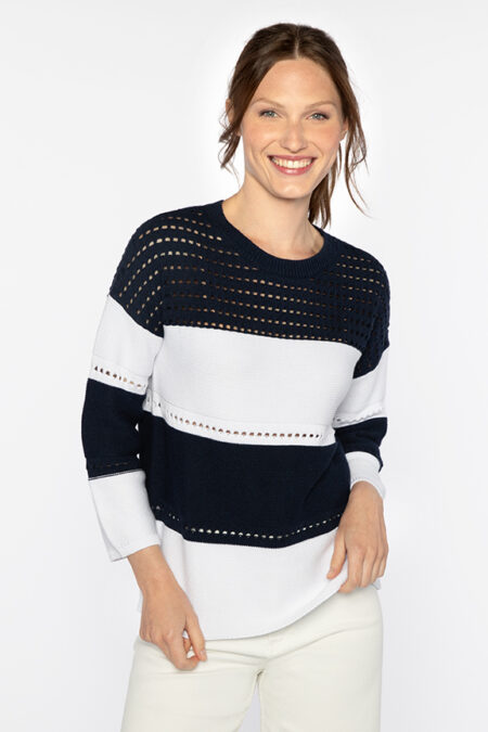 Textured Wide Stripe Pullover - Kinross Cashmere