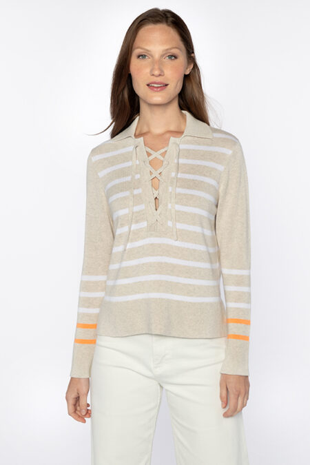 Stripe Lace Up Polo - Kinross Cashmere