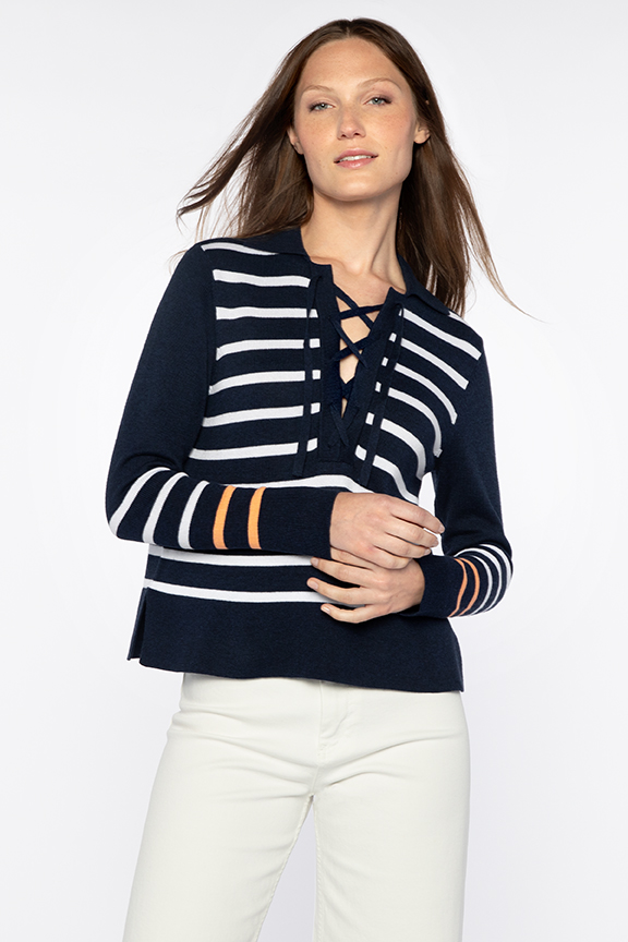 Stripe Lace Up Polo - Kinross Cashmere