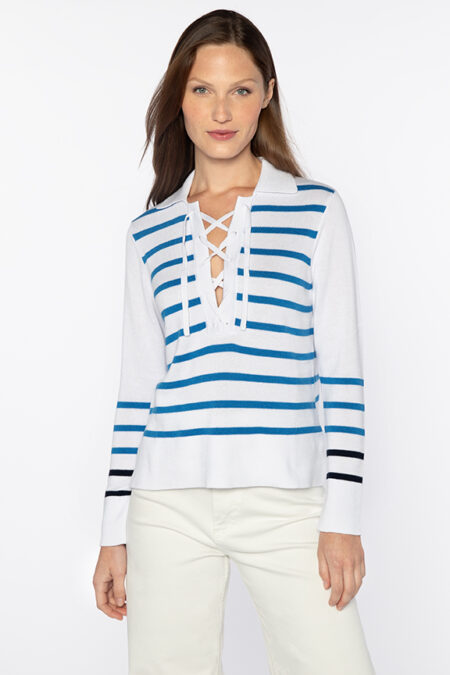 Stripe Lace Up Polo - Kinross Cashmere