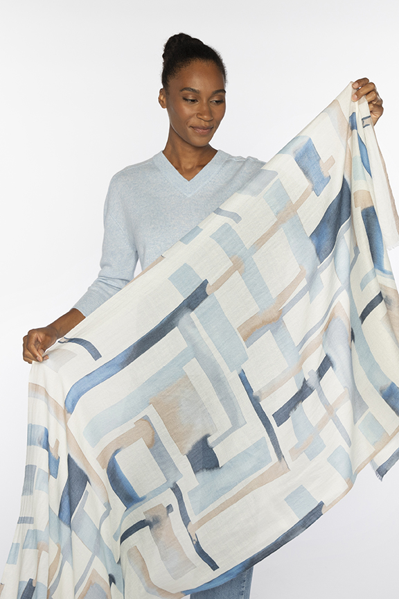 Geo Print Scarf - Skyway - Kinross Cashmere