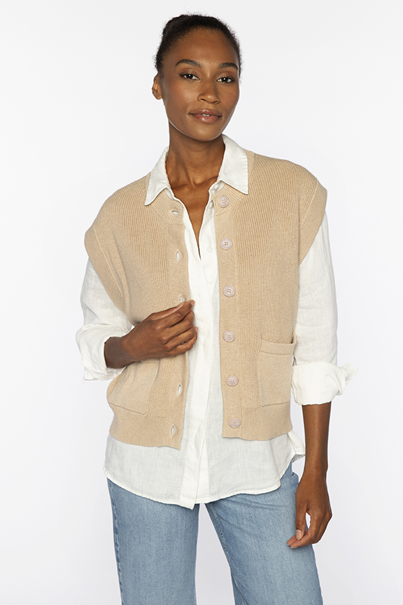 Rib Button Vest Cardigan - Kinross Cashmere