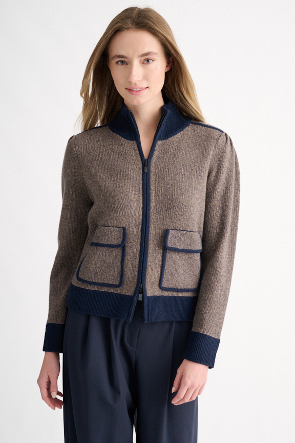 Tweed Notch Zip Mock Cardigan - Kinross Cashmere