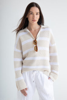 Openwork Stripe Split Neck Polo