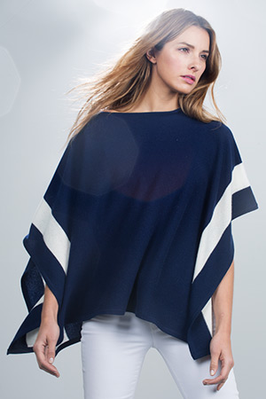 Stripe Border Poncho - Ivory Kinross Cashmere