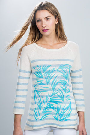 Palm Print Stripe Boatneck Kinross Cashmere