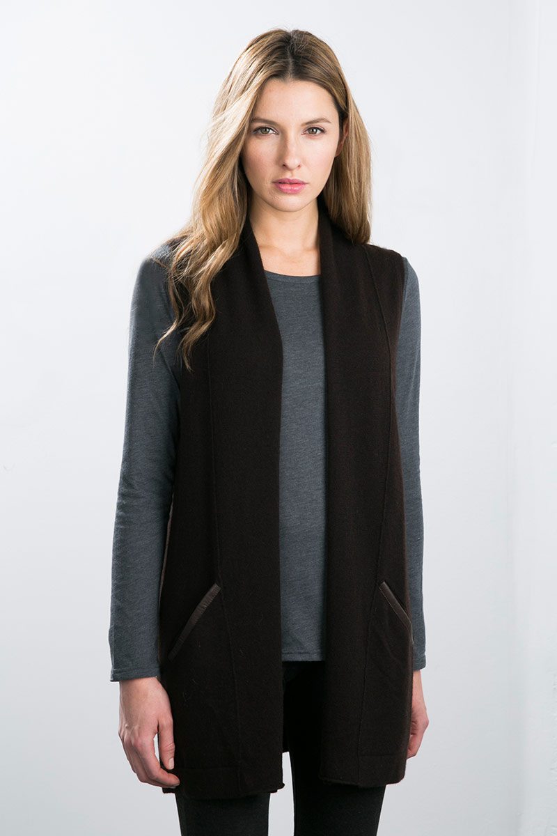 Kinross Cashmere | Leather Trim Long Vest