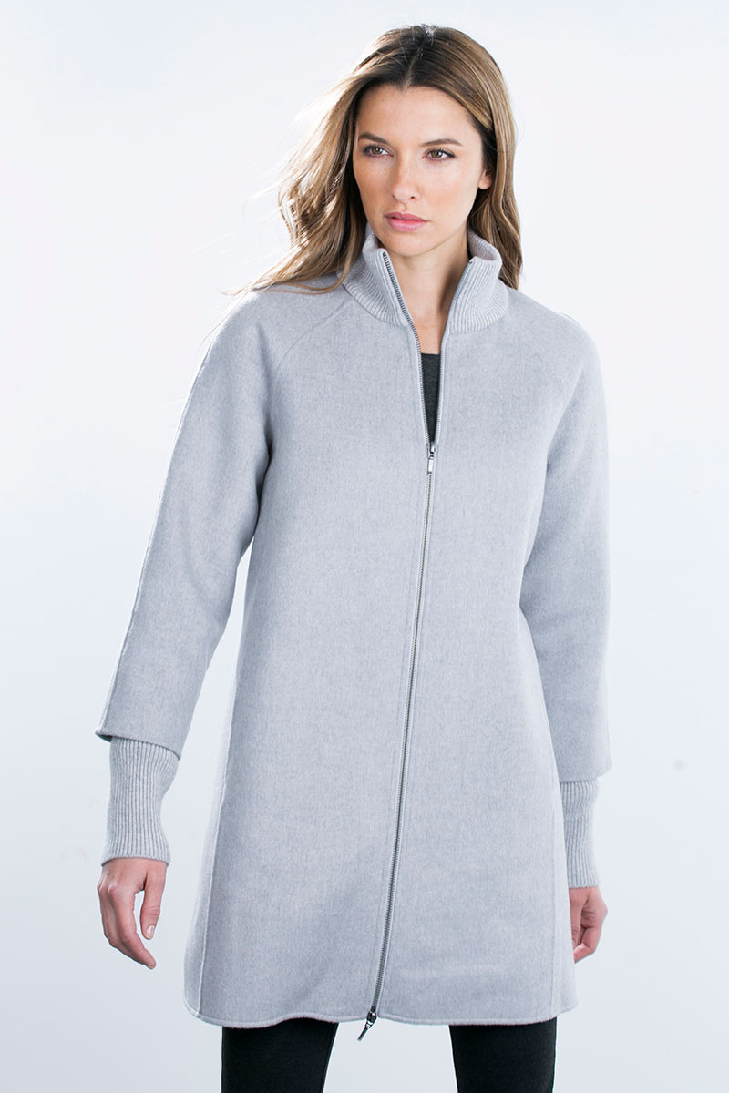 Kinross Cashmere | Zip Mockneck Coat w/ Rib Detail