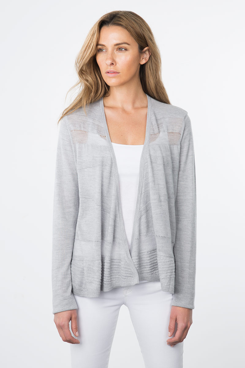 Kinross Cashmere | Resort 2015 | 3/4 Sleeve Diagonal Stitch Drape Front Cardigan