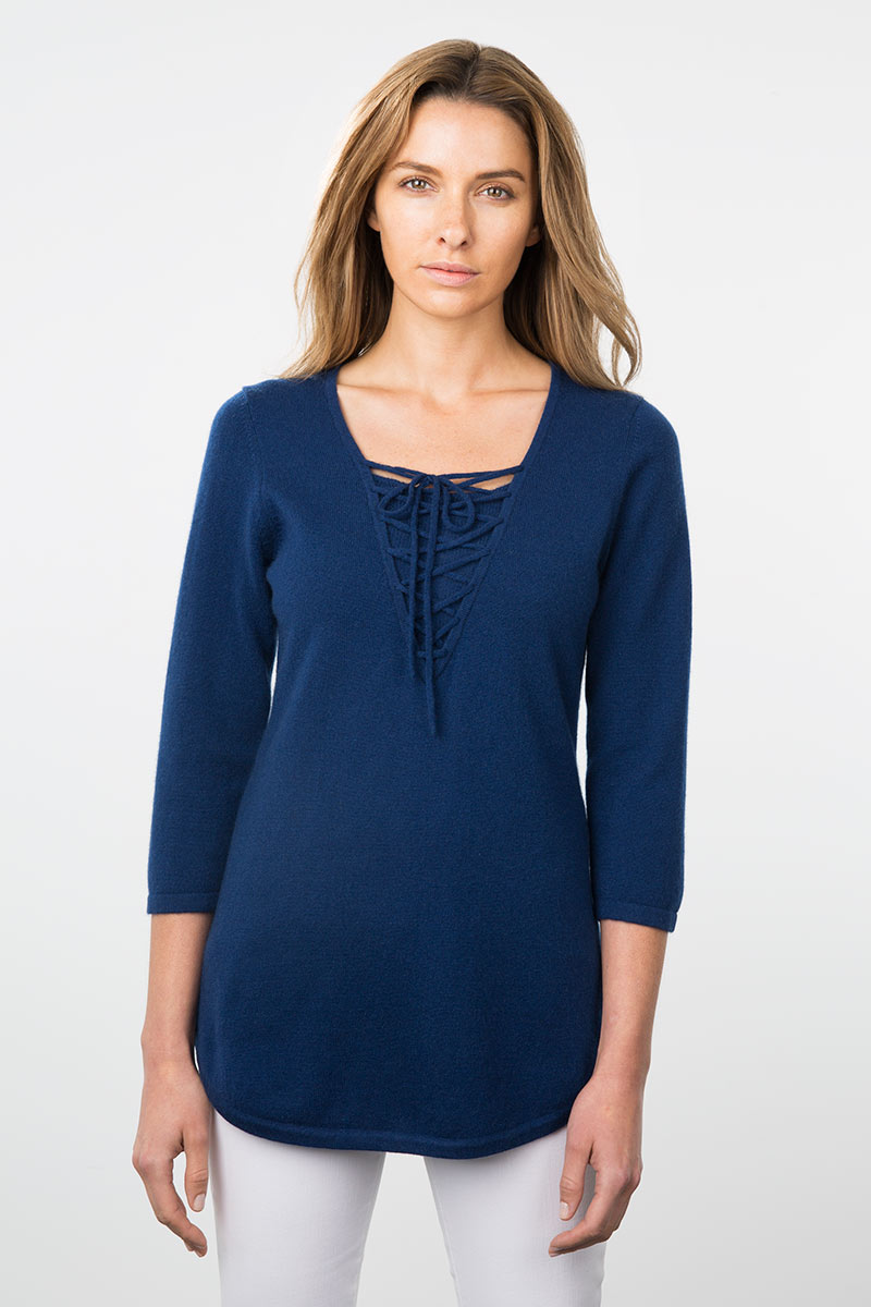 Kinross Cashmere | Resort 2015 | 3/4 Sleeve Lace Up Round Hem Pullover