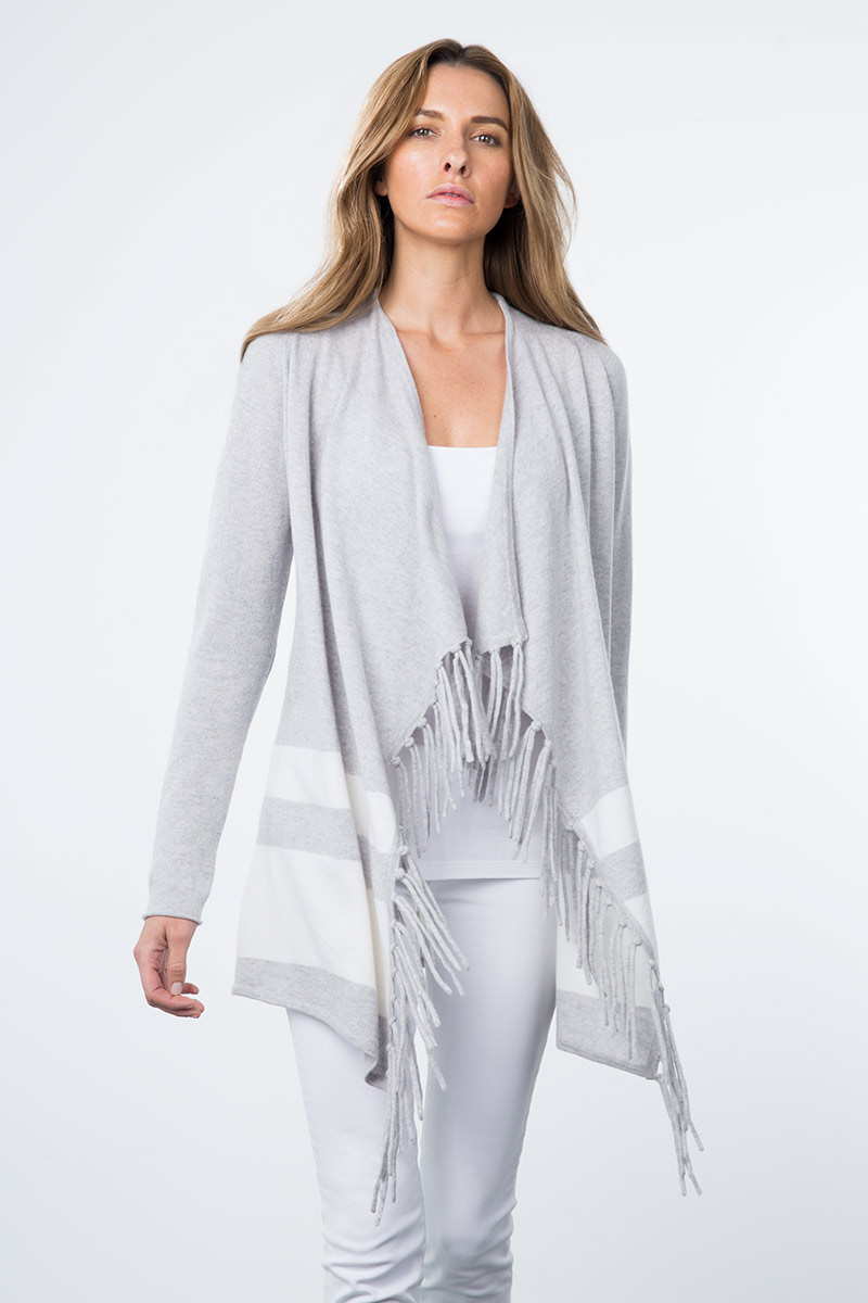 Kinross Cashmere | Resort 2015 | Stripe Border Fringe Cardigan