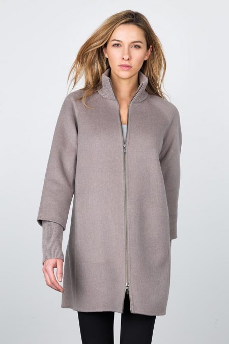 Zip Mockneck Coat w/ Rib Detail - Doeskin Kinross Cashmere