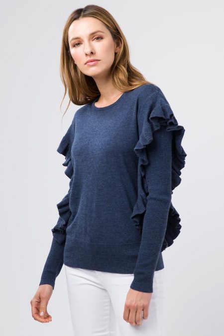 Worsted Ruffle Trim Crewneck - Kinross Cashmere