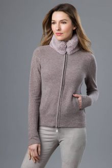 Faux Fur Collar Zip Cardigan - Kinross Cashmere