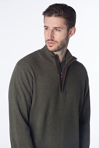 Kinross Cashmere | SUEDE TRIM 1/4 ZIP MOCKNECK W/BUTTON