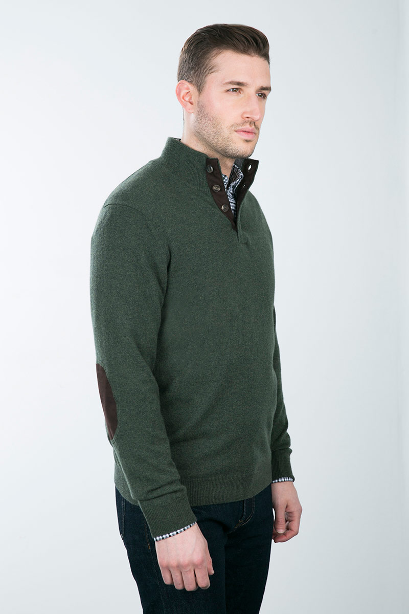 Kinross Cashmere | Suede Trim Button Mockneck