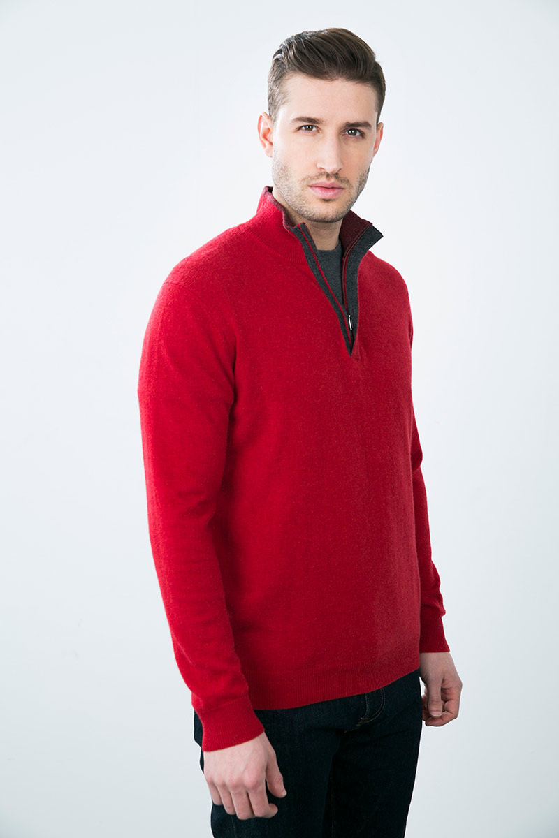 Kinross Cashmere | Men's Tipped 1/4 Zip Mockneck