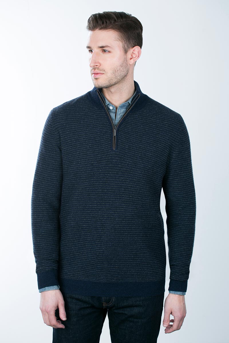 Kinross Cashmere | Striped Garter Stitch 1/4 Zip Mockneck