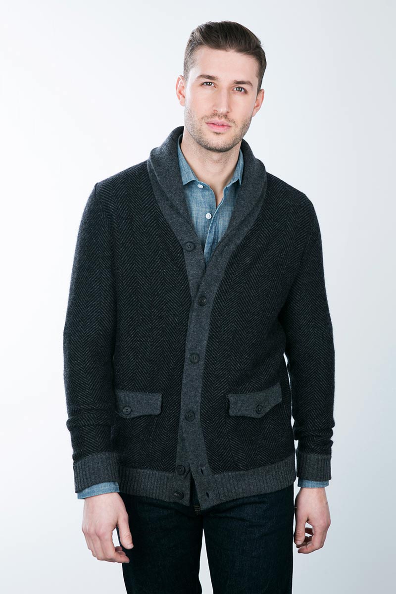 Kinross Cashmere | Herringbone Shawl Collar Cashmere Cardigan