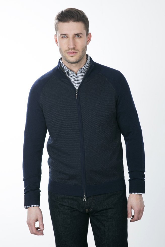 Kinross Cashmere | MICROSTRIPE PANEL FULL ZIP CARDIGAN SCC