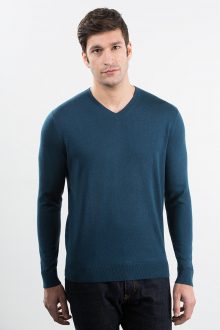 Tubular Trim Vneck - Baltic / Charcoal Kinross Cashmere