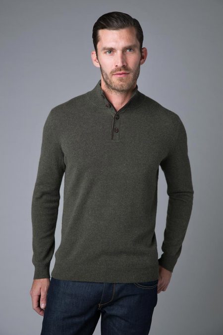 Suede Trim Button Mock - Kinross Cashmere