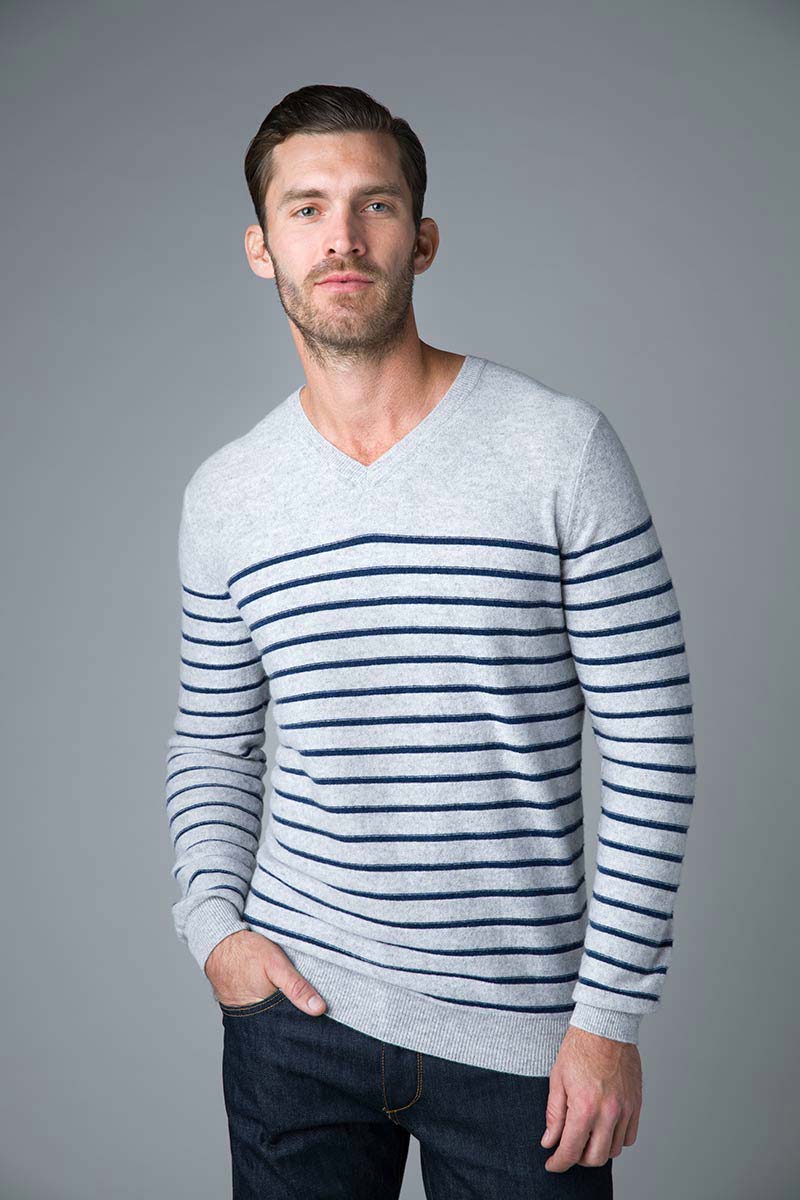 Marine Stripe Vneck - Kinross Cashmere